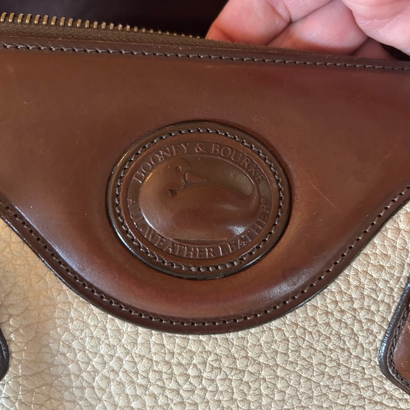 Vintage 80s Dooney & Bourke All Weather Leather Boston Satchel Bag, Cream & Brwn - Picture 12 of 16